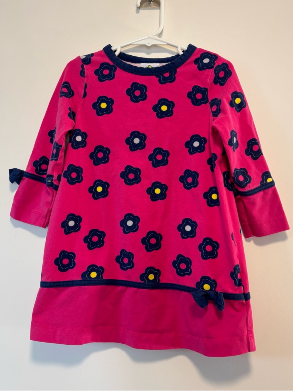 Florence Eiseman Bright Pink 3/4 Sleeve Dress Navy Floral Print Bow Girl 4T